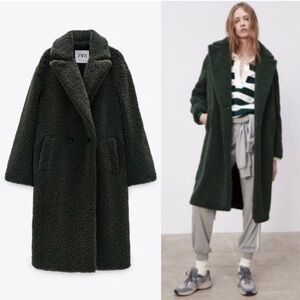 Zara green teddy faux shearling double breasted coat XL